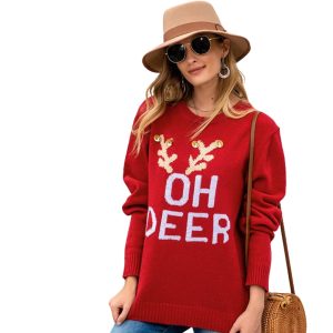 Women's Christmas Sweater with Reindeer Motif and Button Details