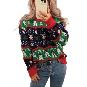 Women's Christmas Sweater with Round Neck and Knitted Pattern