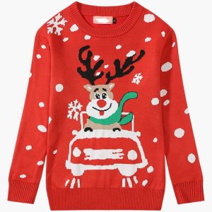 Women's Christmas Sweater with Round Neck and Reindeer Design