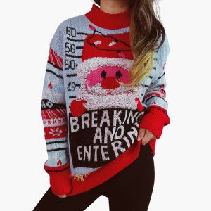 Women's Christmas Sweater with Santa Claus Motif and Ribbed Collar
