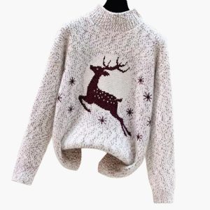 Women's Christmas Sweater with High Collar and Reindeer Motif