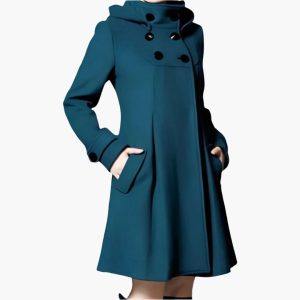 Women's Winter Coat with Hood and Button Placket