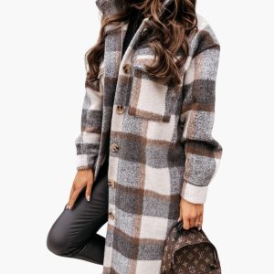Women's Long Checkered Coat with Button Closure and Lapel Collar
