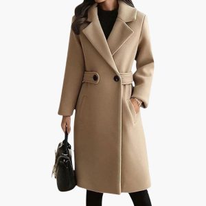 Long Women's Coat with Notched Collar and Button Closure