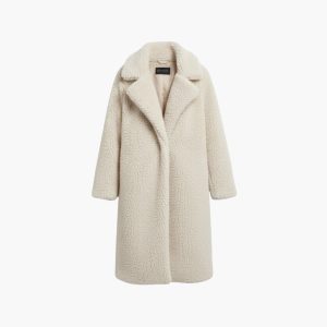 Women's Long Teddy Coat with Wide Collar and Pockets