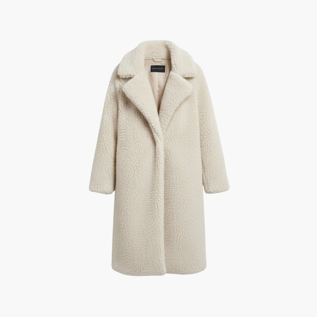 Women's Long Teddy Coat with Wide Collar and Pockets