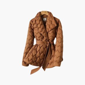 Women's Red Down Coat with Belt and Long Sleeves