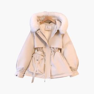 Women's Red Parka with Hood and Adjustable Waist