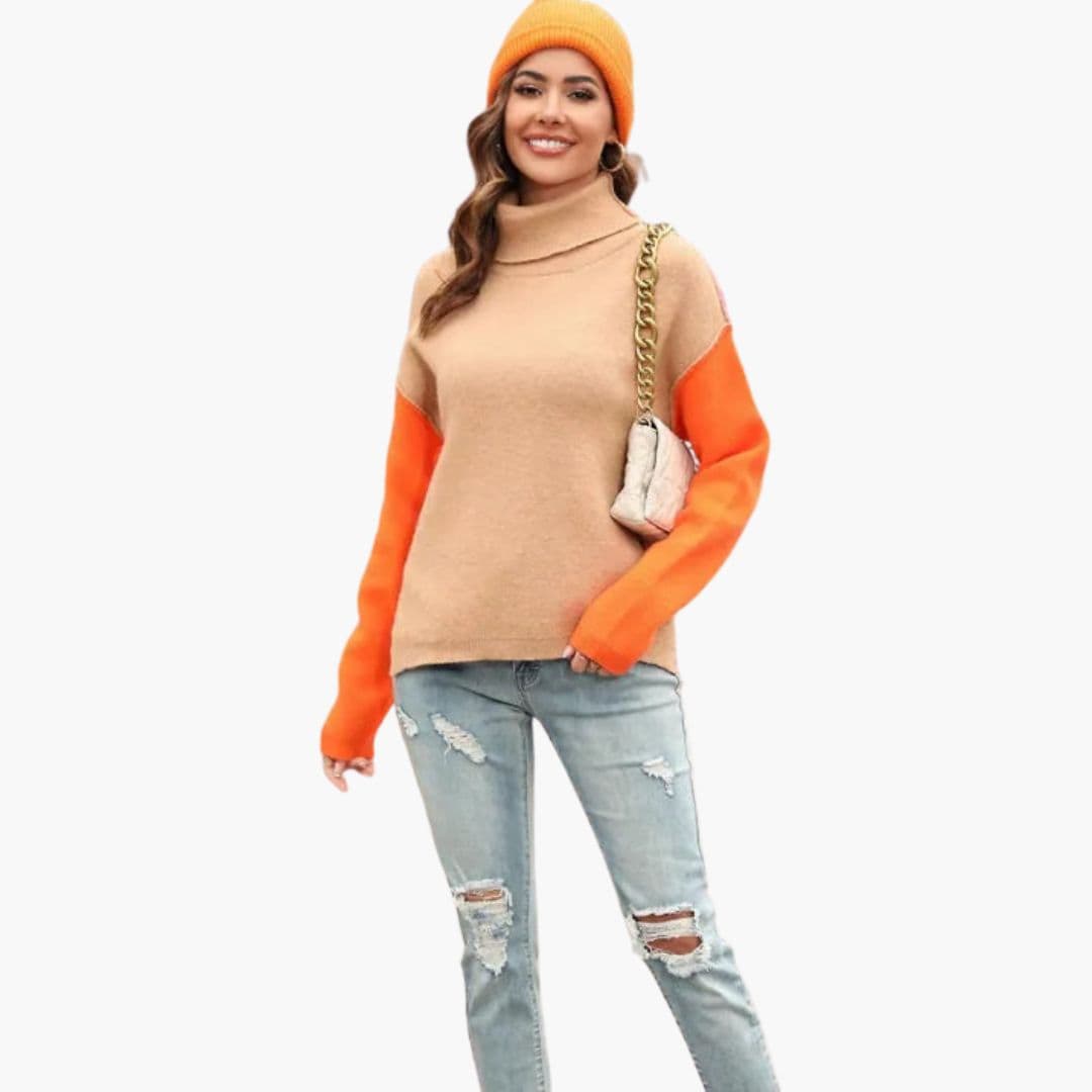 Women’s Turtleneck Sweater with Color Block Sleeves - Image 2