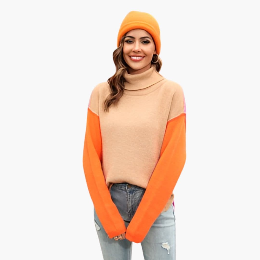 Women’s Turtleneck Sweater with Color Block Sleeves - Image 3