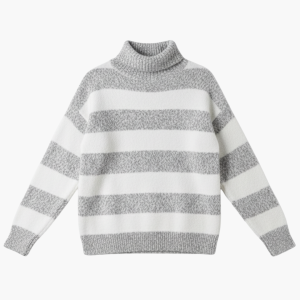 Women's Striped Turtleneck Sweater with Long Sleeves and Ribbed Edges