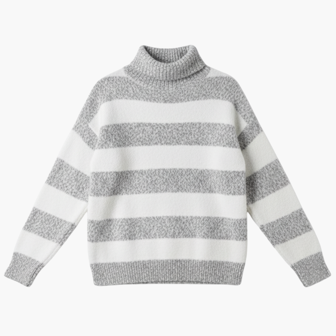 Women's Striped Turtleneck Sweater with Long Sleeves and Ribbed Edges