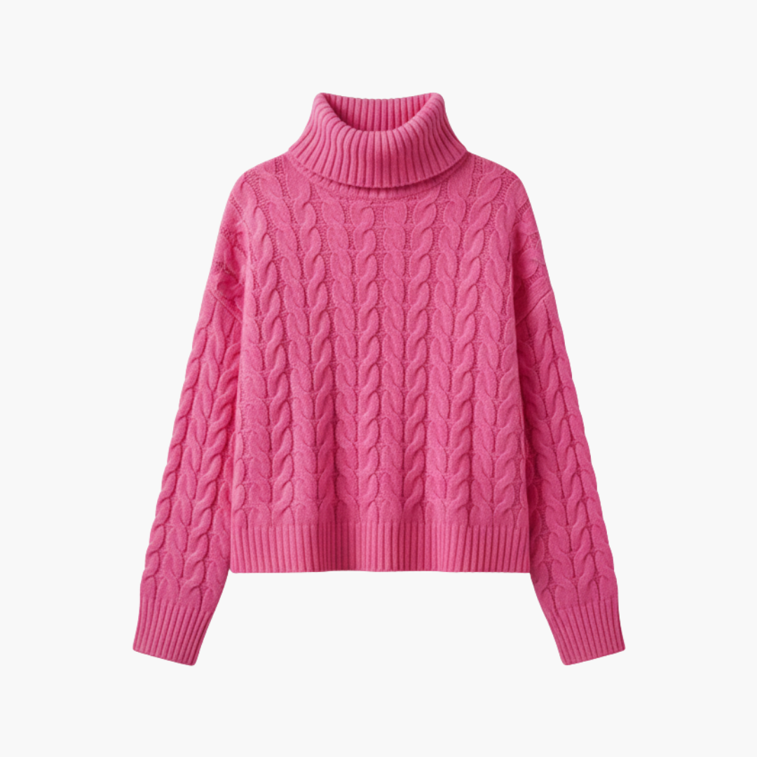 Women’s Turtleneck Sweater with Cable Knit Pattern and Long Sleeves