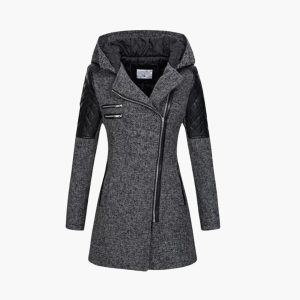 Women's Long Coat with Hood and Asymmetric Zipper